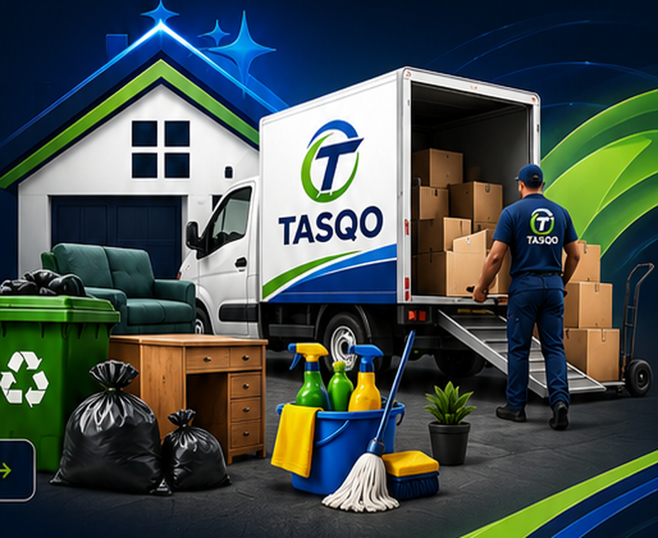 Tasqo branded van and crew member loading boxes, with a wheelie bin, sofa, drawers and cleaning supplies beside a house